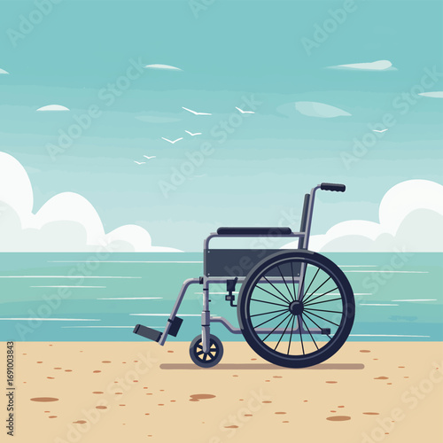 Flat design vector of an empty wheelchair by the sea, symbolizing accessibility, inclusion, and a serene, beautiful backdrop. Perfect for themes of support and freedom.