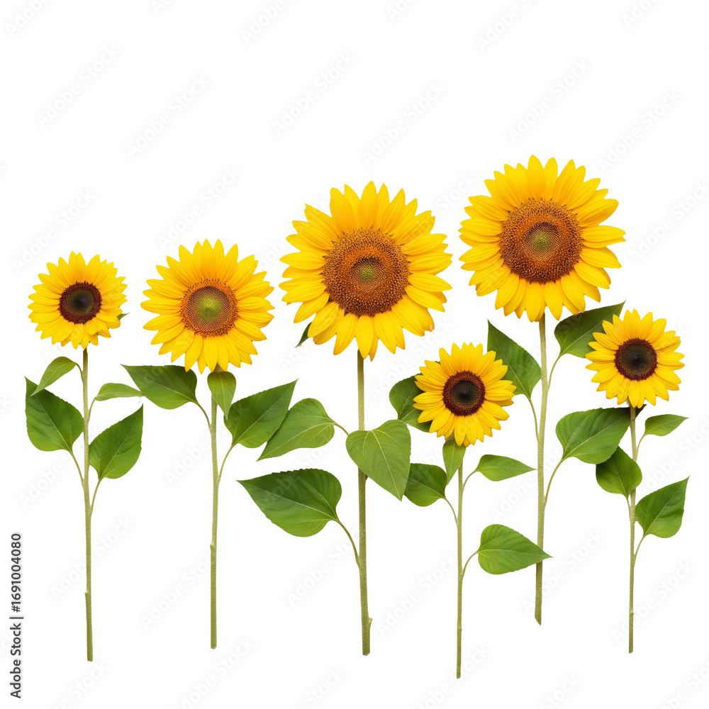 Fototapeta premium A row of sunflowers in bloom featuring vibrant yellow petals and green leaves PNG cutout transparent background isolate