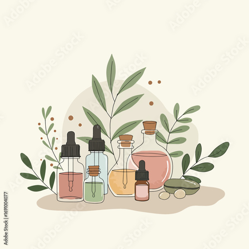 Serene watercolor illustration of essential oil bottles surrounded by delicate green leaves, perfect for wellness and nature-themed designs. Vector art.