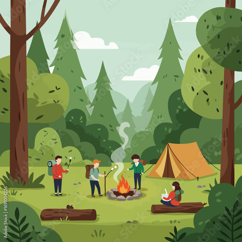 Serene watercolor illustration of campers enjoying outdoor leisure and adventure in a lush forest. Captures the joy of nature's beauty and peaceful camping experience.
