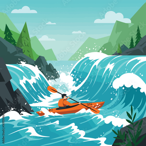 Thrilling flat design vector of a kayaking adventure in turbulent waters, highlighting extreme water sports excitement and challenges in a natural setting.