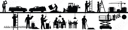 Construction site workers silhouettes operating trucks, machinery, welding, lifting, welding, office planning, lighting setup, maintenance, teamwork, and site supervision.