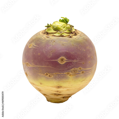 One fresh swede root vegetable with green sprout on top PNG cutout transparent background isolate