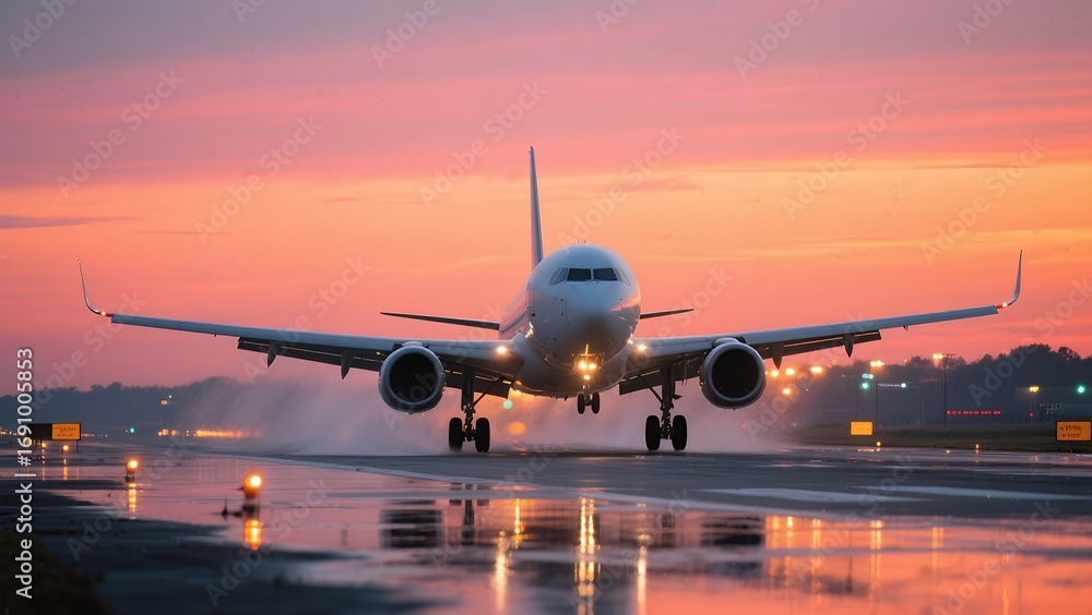 Fototapeta premium Passenger Commercial Airplane Landing on Runway at Sunset with Vibrant Sky