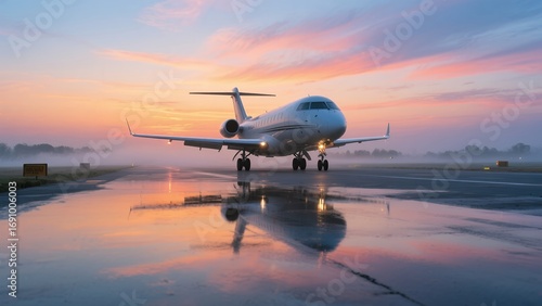 Private Jet on Runway During Sunset with Reflective Wet Surface and Colorful Sky