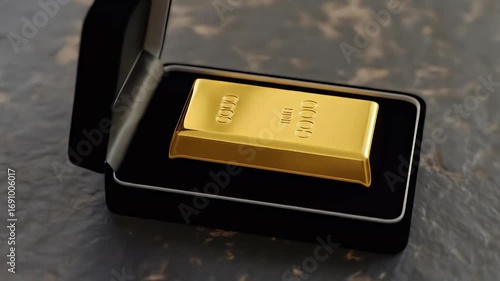 A gleaming gold bar rests luxuriously within a velvet-lined, open black presentation box, symbolizing wealth and precious value.