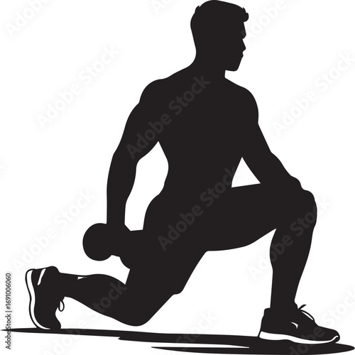 Fit silhouette athlete performing dumbbell lunges dynamic strength training exercise