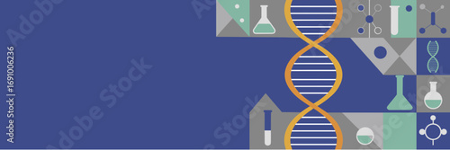 DNA helix with chemistry icons in abstract blue vector background