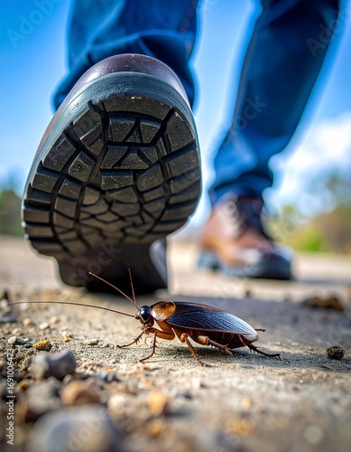 Close-up of a cockroach on rough ground with a shoe sole approaching, suggesting imminent contact. Dramatic outdoor scene with tension and shallow depth of field.