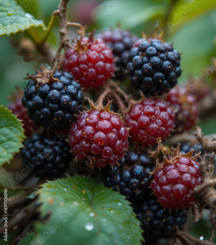 Wallpaper Mural Close-up shot of a cluster of ripe black and red berries on a thorny branch Torontodigital.ca
