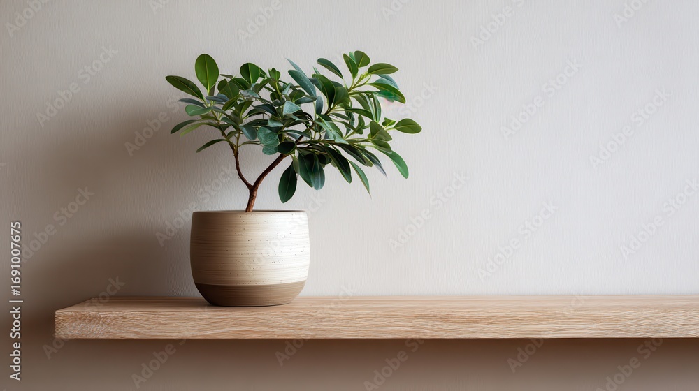 Fototapeta premium Small Green Plant in Beige Pot on Light Wooden Shelf Against Grey Background
