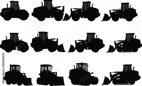 Construction equipment silhouettes, heavy machinery black vector set, loader, bulldozer, tractor, digger, industrial construction vehicles, black silhouettes of loaders and bulldozers collection