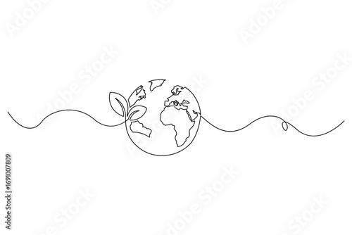 Earth with sprout one continuous line drawing editable outline vector illustration symbol of sustainability and eco growth

