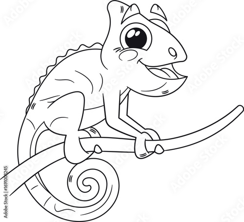Chameleon reptile character black-and-white vector illustration