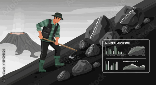 Illustration depicting a miner working on mineral-rich soil with graphical data display and
