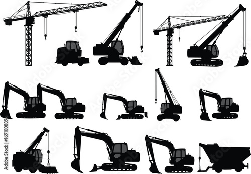 Construction equipment silhouettes, heavy machinery black vector set, tower crane, excavator, crawler crane, dump truck, industrial vehicles, black construction equipment silhouettes collection