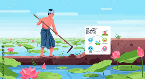 Illustrative depiction of a farmer cultivating a wetland farm promoting sustainable agriculture