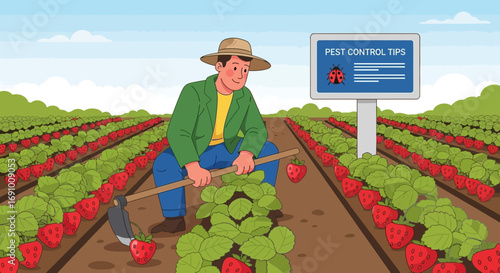 Cartoon farmer working in strawberry field with pest control tips billboard illustration