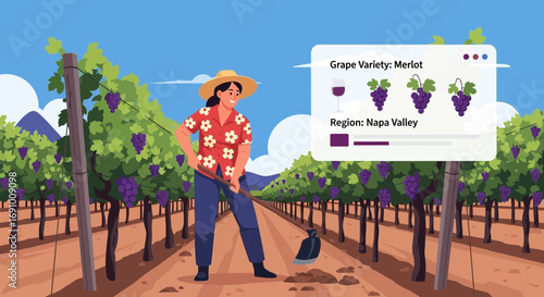 Woman working in a vineyard, cultivating the soil for merlot grapes in Napa Valley illustration