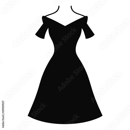 Elegant Off-Shoulder Dress Black Silhouette Vector Illustration on White Background