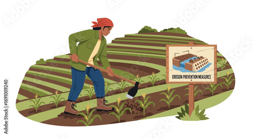 Hardworking farmer cultivating terrace fields with erosion prevention illustration