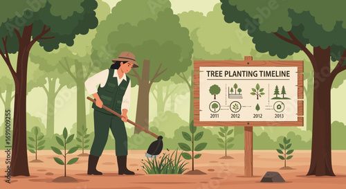 Woman Planting Saplings for Reforestation Project with Planting Timeline Displayed Beautifully