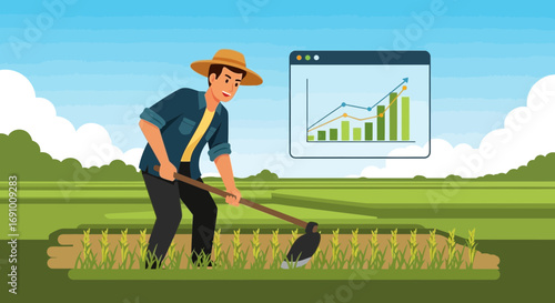 Farmer working in the field with increasing graph showing growth and progress