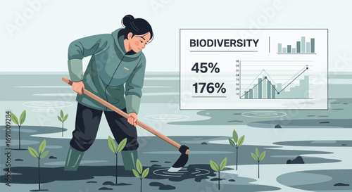 Biodiversity Growth: Woman Farming with Increased Percentage and Chart Data Showing Progress and