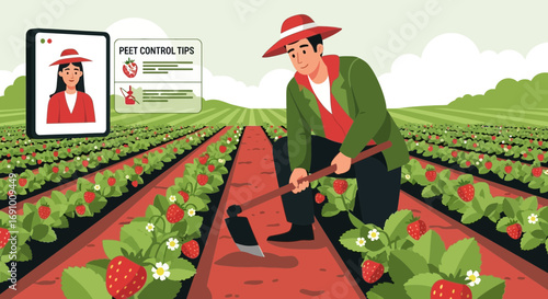 Illustration of a farmer tending a strawberry field with online pest control tips