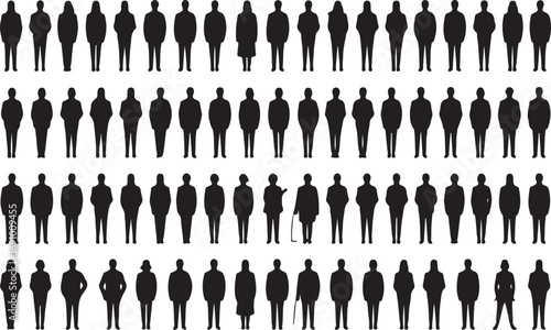 Collection of black silhouette figures standing in rows