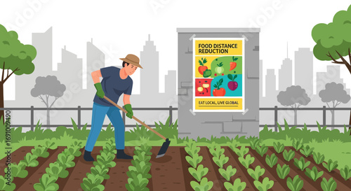 Illustration showcasing sustainable farming, urban agriculture, and promoting local food
