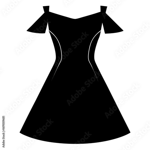 Fashion Off-Shoulder Dress Minimalist Black Silhouette Vector Design Isolated on White