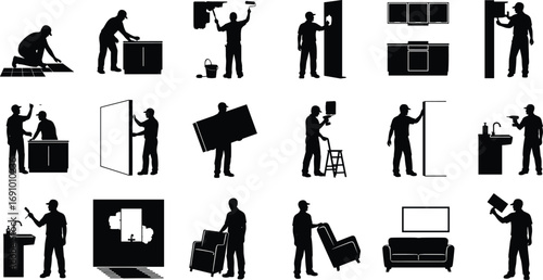 Home renovation workers silhouettes installing tiles, cabinets, painting, drywall, assembling furniture, plumbing, fixing, moving furniture, interior remodeling, repair tools.