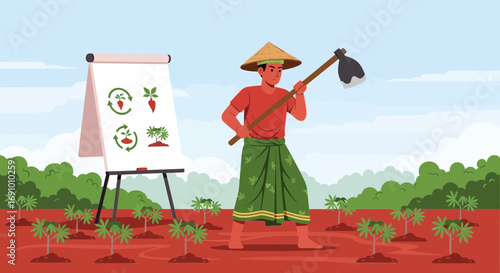 Illustrative depiction of a farmer explaining crop rotation and sustainable agriculture practices