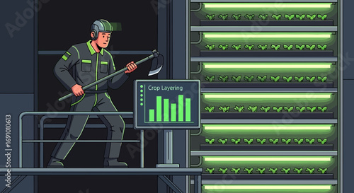 Modern Vertical Farming: Man Harvesting Crops in a Controlled Environment Facility