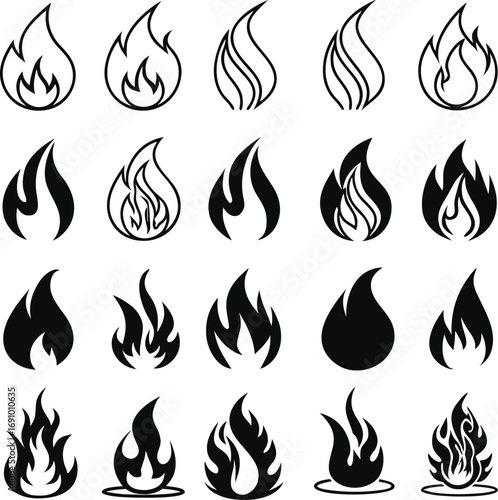 Black Fire Flame Icon Set - Collection of Burning Flame Silhouettes in Various Styles for Logo, Symbol, UI, Sticker, Print, or Web Design on White Background