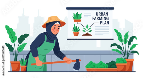 Illustration of a Muslim woman gardening in an urban setting with the Urban Farming Plan