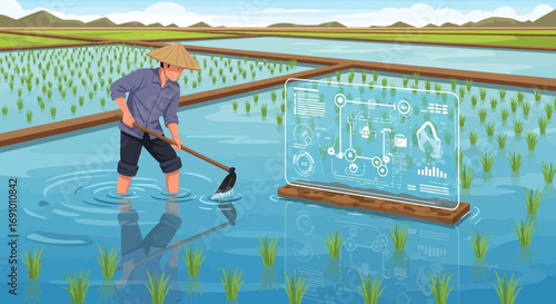 Illustration showcasing modern agriculture with farmer and advanced technology in the rice fields