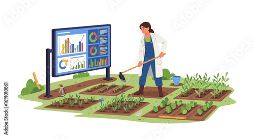 Smart agriculture concept woman farmer working with digital tools in the field illustration
