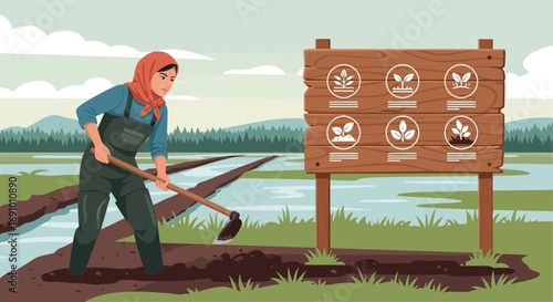Illustration depicting a woman farming rice using a hoe with detailed plant growth information panel