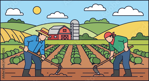 Two farmers cultivating crops with hoes in a vibrant agricultural landscape illustration