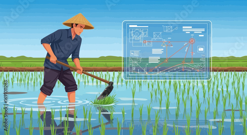 Asian farmer in rice paddy with futuristic data overlay showcasing agriculture technology