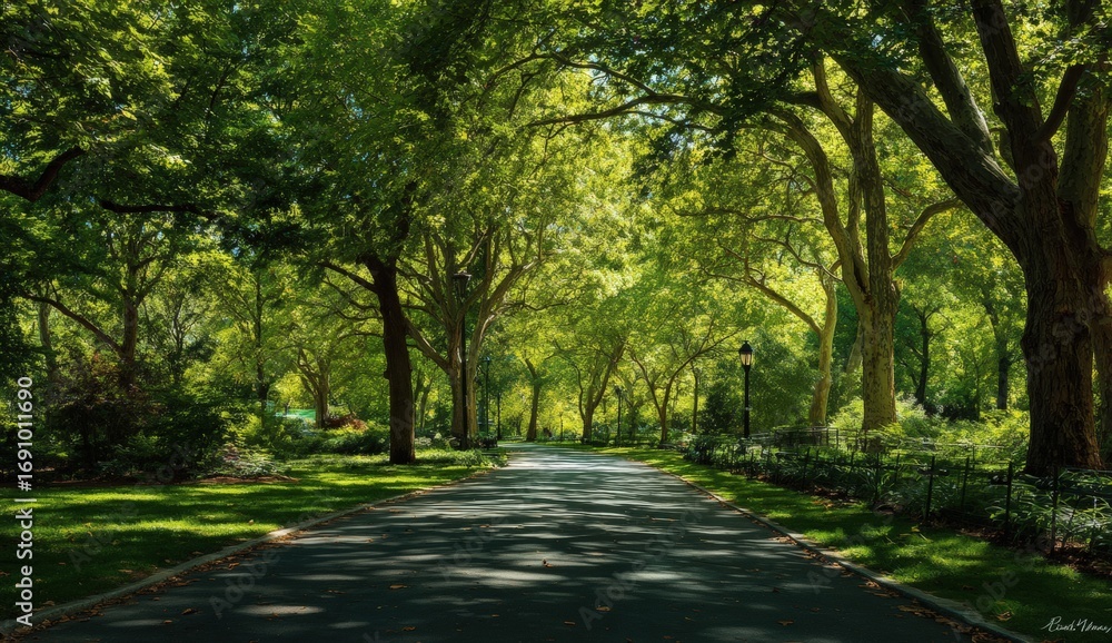 Obraz premium Sunny park pathway lined with lush trees