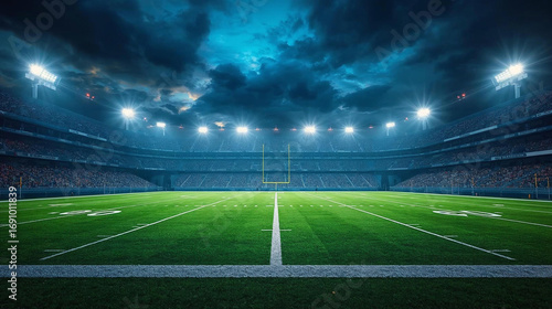 An American football stadium glows under intense floodlights, illuminating the emerald green playing field at night.