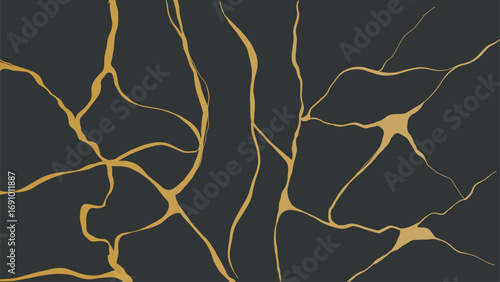 Gold luxury kintsugi crack poster. Japanese art of repairing broken pottery. Vector illustration horizontal backdrop poster background with intertwine graceful veins. gold broken seams