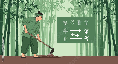 Asian farmer cultivating bamboo forest with sustainable agricultural practices concept
