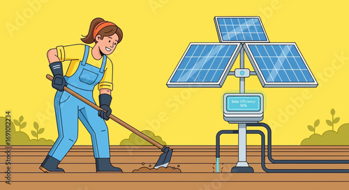 Illustration of sustainable farming with a woman hoeing next to solar panels and technology