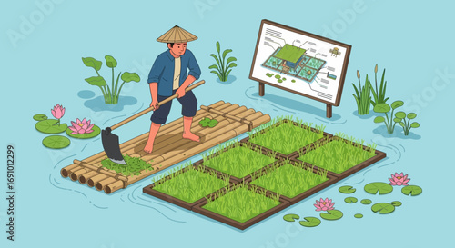 Traditional rice farming method illustration depicting sustainable agriculture and ecological