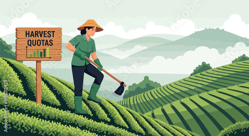 Illustrative depiction of a female farmer working in a lush tea plantation landscape
