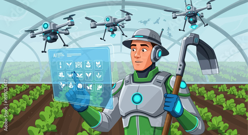 Futuristic Farming: Farmer Utilizing AI Technology and Drones in a Greenhouse Setting